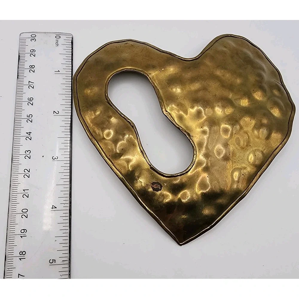 Vintage Artisan Hammered Brass Heart Scarf Clip Slide Brutalist Belt Buckle Pair